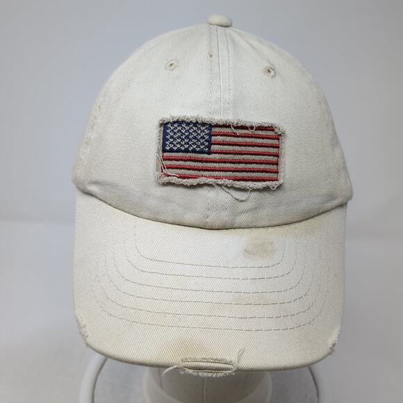 USA Flag Patch Slideback Hat Beige One Size Adjustable Vent Holes - Picture 2 of 9